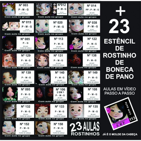 Kit Estêncil Para Rostinho de Boneca de Pano com 23 ESTÊNCIL  + 23 Aulas Online  DO CURSO INICIANTE